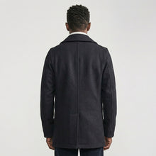 Load image into Gallery viewer, Men’s Dark Navy Fleece Peacoat – Classic Double Breasted Winter Coat
