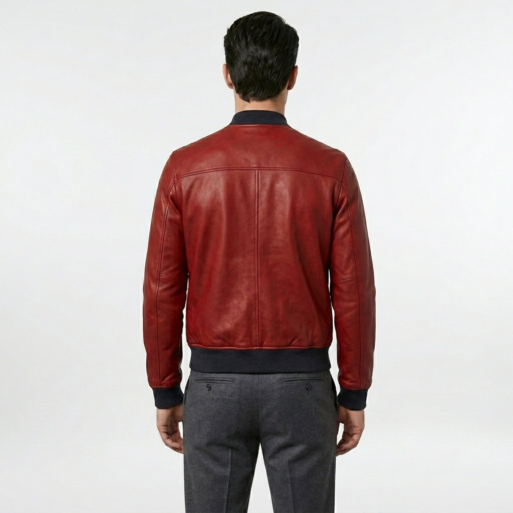 Men’s Red Lambskin Leather Bomber Jacket – Slim Fit Fashion Aviator Coat