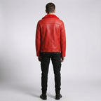 Men’s Red Shearling Leather Trucker Jacket – Winter Sherpa Lined Coat