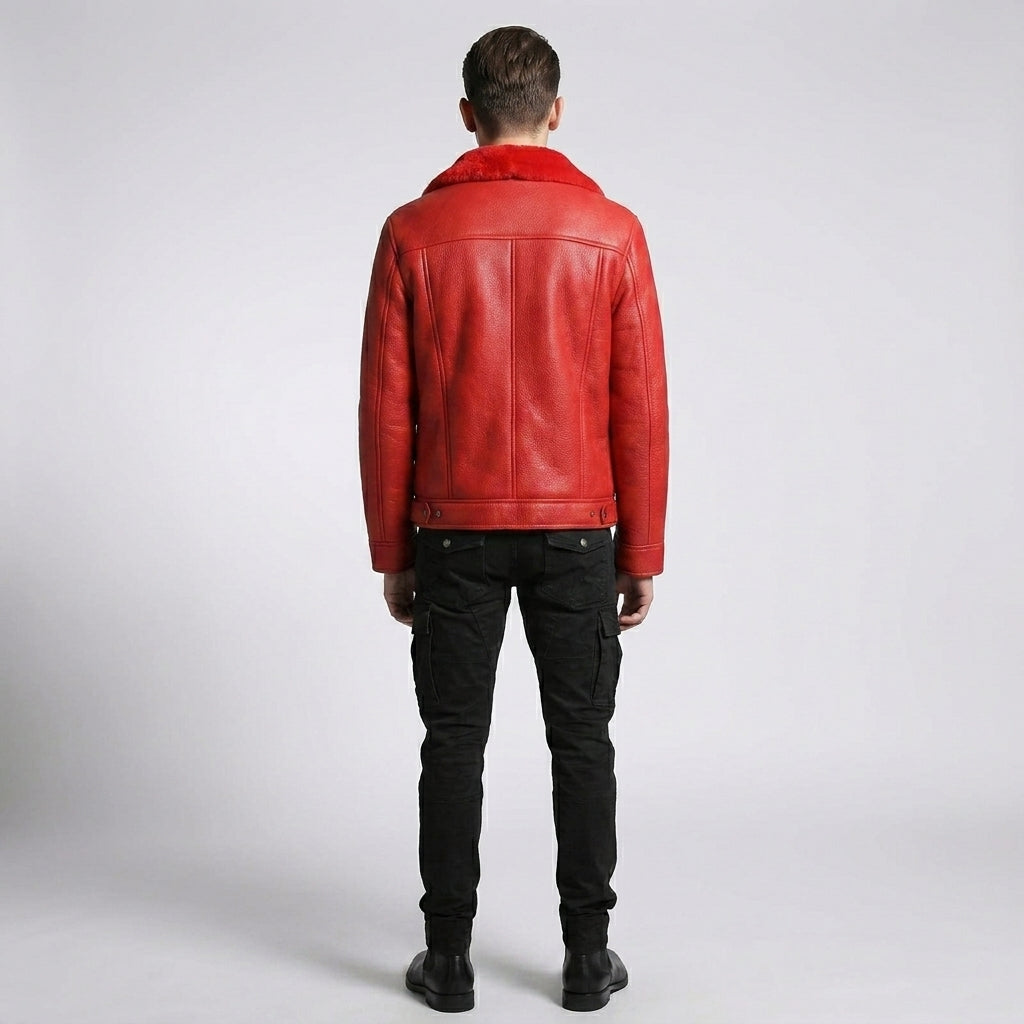 Men’s Red Shearling Leather Trucker Jacket – Winter Sherpa Lined Coat