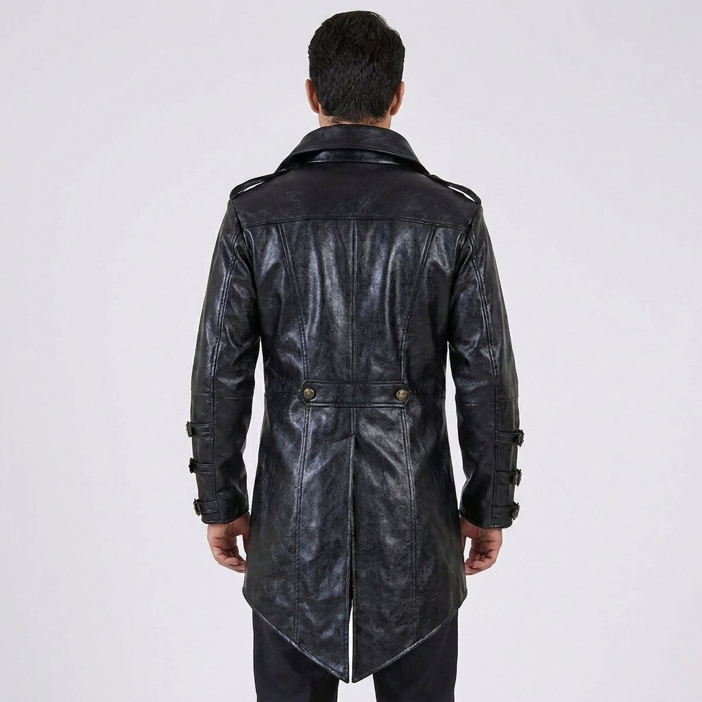Men's Black Leather Steampunk Military Jacket
