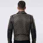 Men's Heavy Silver Studded Black Leather Biker Jacket