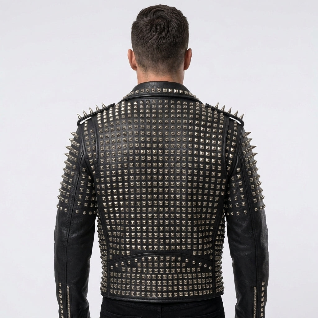 Men's Heavy Silver Studded Black Leather Biker Jacket