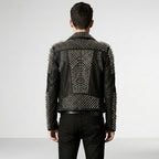 Men's Studded Biker Leather Jacket In Black