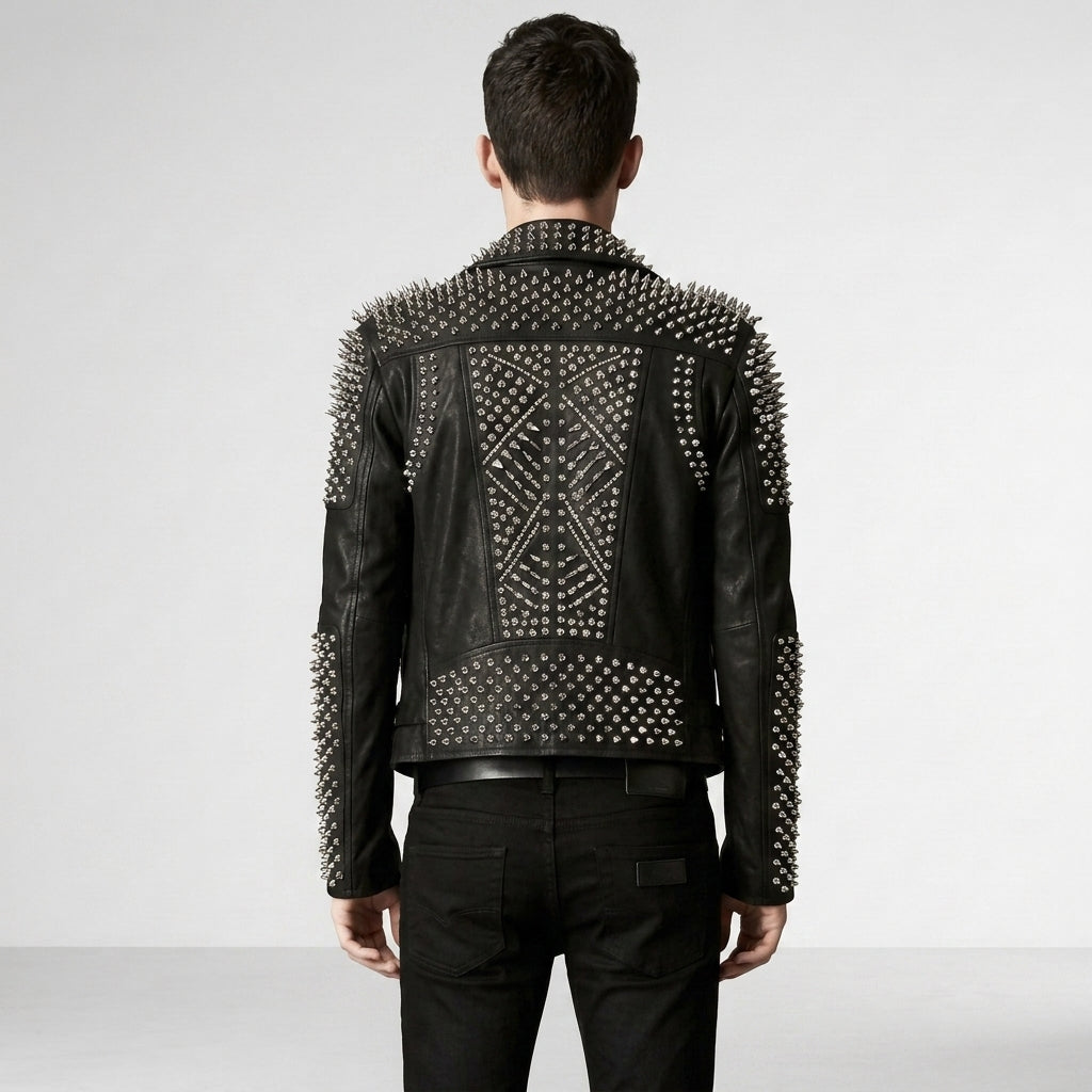 Men's Studded Biker Leather Jacket In Black