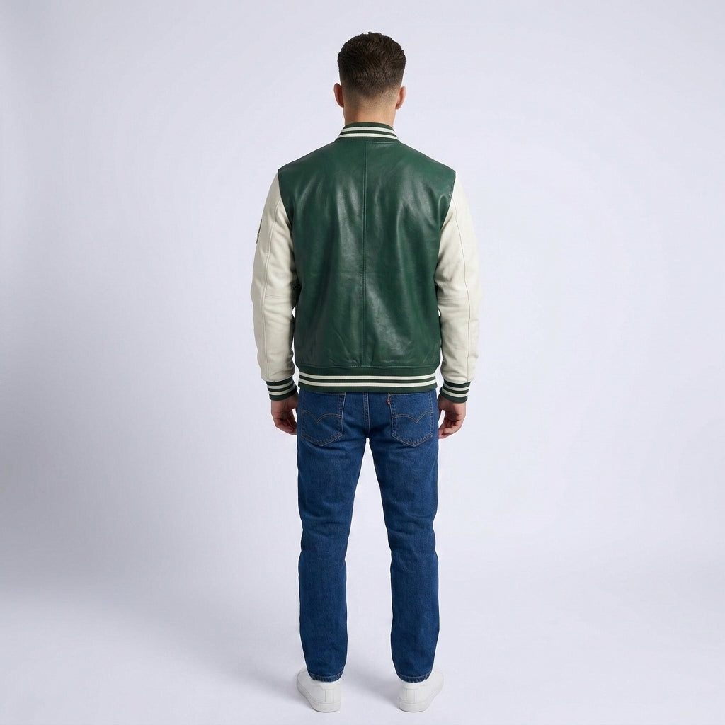 Men's Green & Cream Wool Leather Varsity Jacket