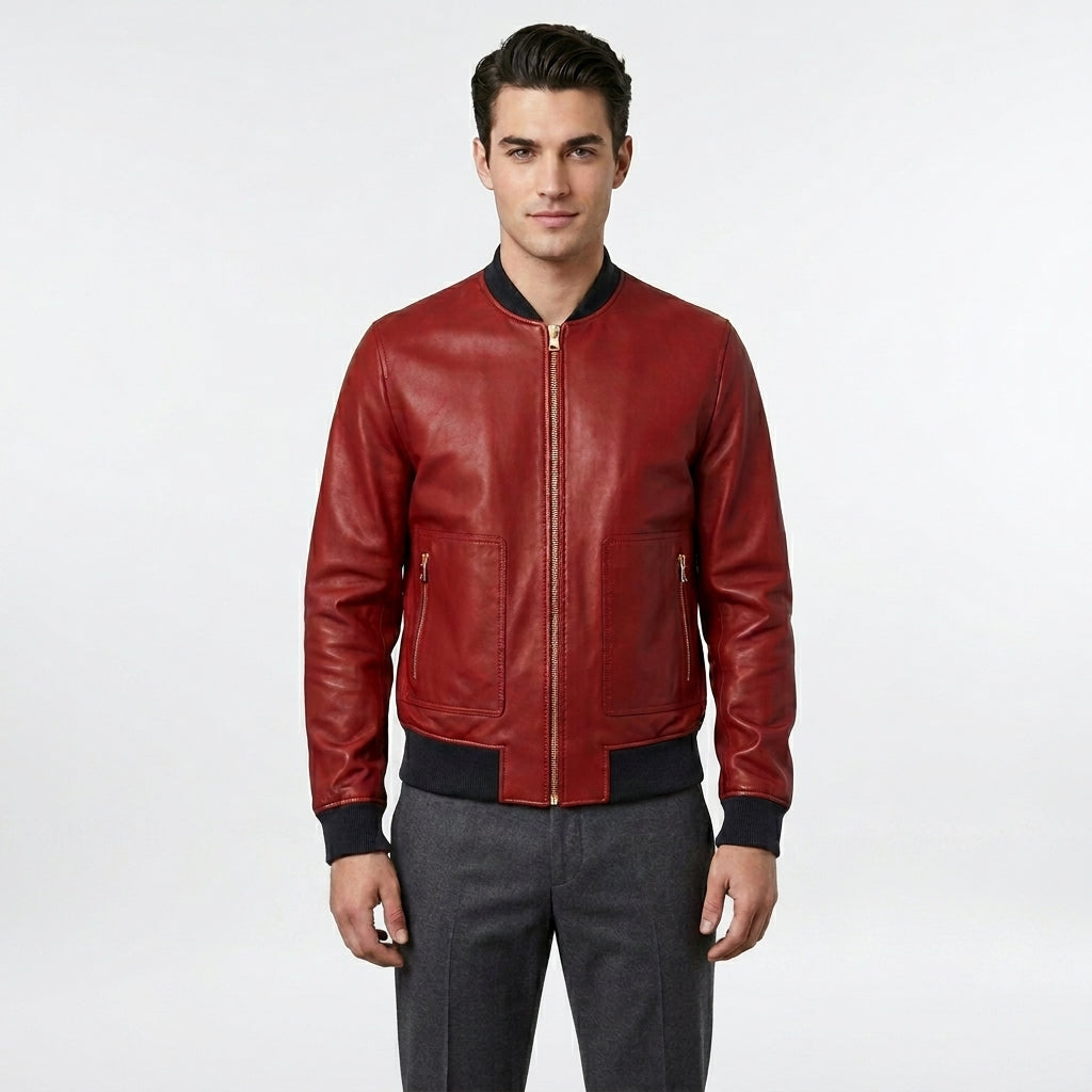 Men’s Red Lambskin Leather Bomber Jacket – Slim Fit Fashion Aviator Coat