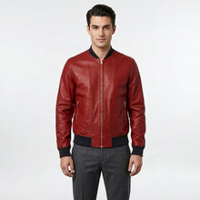 Laden Sie das Bild in den Galerie-Viewer, Men’s Red Lambskin Leather Bomber Jacket – Slim Fit Fashion Aviator Coat

