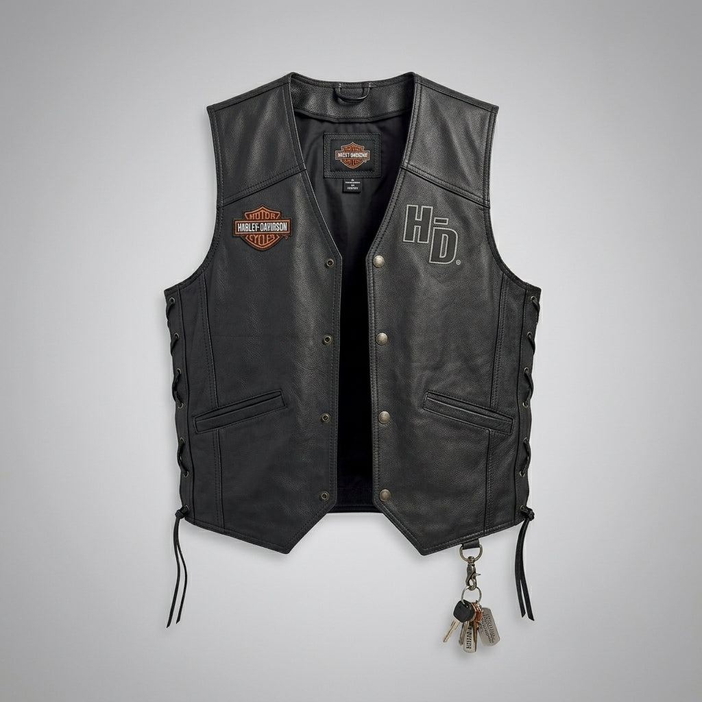 Men’s Harley-Style Leather Biker Vest – Real Leather Club Cut Snap Button