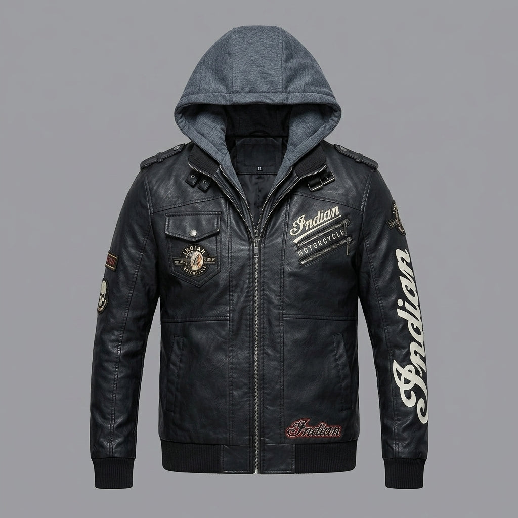 Herren Bikerjacke im Indianer-Stil aus Leder – Kapuzen-Lederbomberjacke