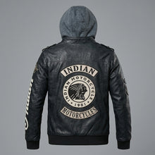 Load image into Gallery viewer, Men’s Indian-Style Leather Biker Jacket – Real Leather Hooded Moto Bomber
