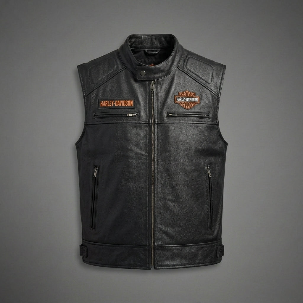 Men’s Harley-Style Leather Roadster Vest – Premium Black Top-Grain