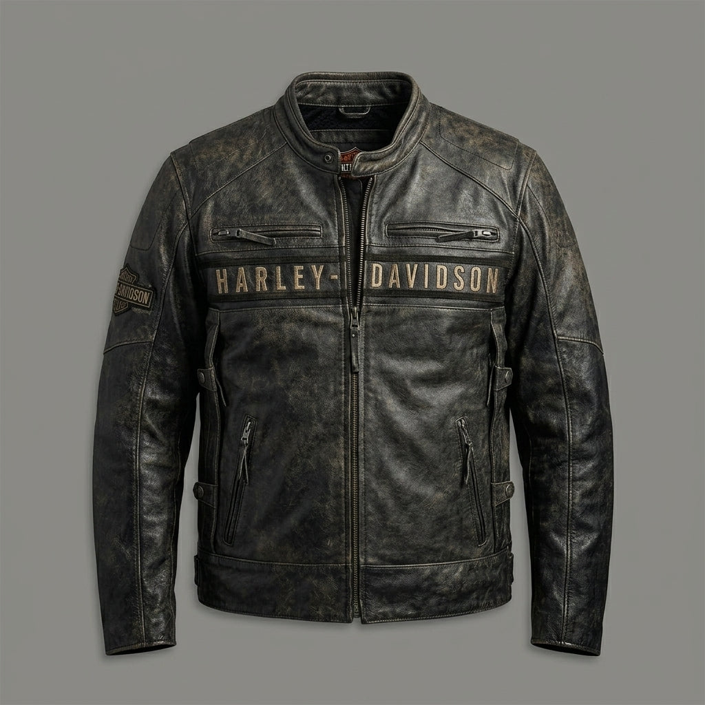 Herren Distressed Leder Bikerjacke – Harley Davidson Vintage Racing Moto Stil