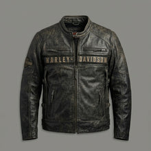 Load image into Gallery viewer, Men’s Distressed Leather Biker Jacket – Harely Davidson Vintage Racing Moto Style
