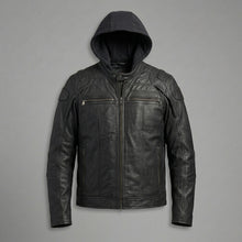 Load image into Gallery viewer, Men’s Hybrid Leather Hoodie Jacket – Harley-Style Hooded Moto Bomber
