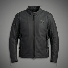 Load image into Gallery viewer, Men’s Matte Black Leather Biker Jacket – Adjustable Buckle Moto Style

