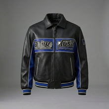 Laden Sie das Bild in den Galerie-Viewer, Herren Varsity-Jacke aus schwarzem und blauem Leder – Premium Urban Bomber Stil
