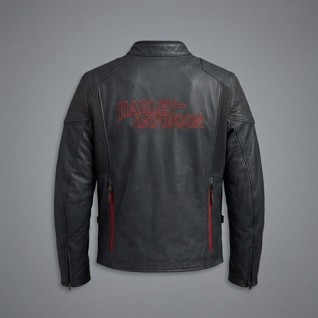 Herren Bikerjacke aus mattem schwarzem Leder – Rote Naht im Harley-Stil