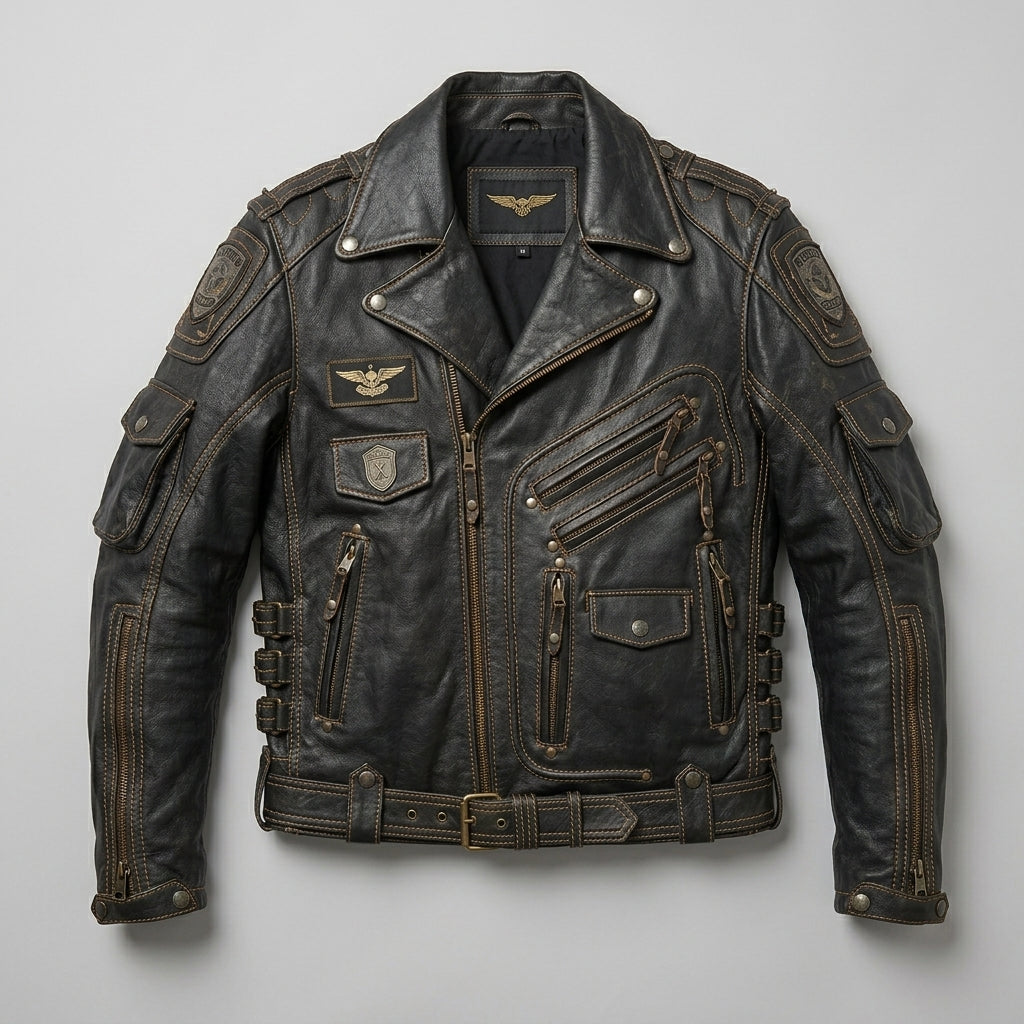 Herren-Leder-Rennjacke im Indianer-Stil – Rot-Schwarz-Motorrad-Bomberjacke