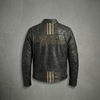 Men’s Harley-Style Leather Biker Jacket – Embroidered Star & Script Design