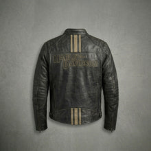 Load image into Gallery viewer, Men’s Harley-Style Leather Biker Jacket – Embroidered Star &amp; Script Design
