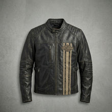 Load image into Gallery viewer, Men’s Harley-Style Leather Biker Jacket – Embroidered Star &amp; Script Design
