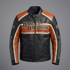 Men’s Harley-Style Leather Racing Jacket – Iconic Orange & Black Tricolor Moto