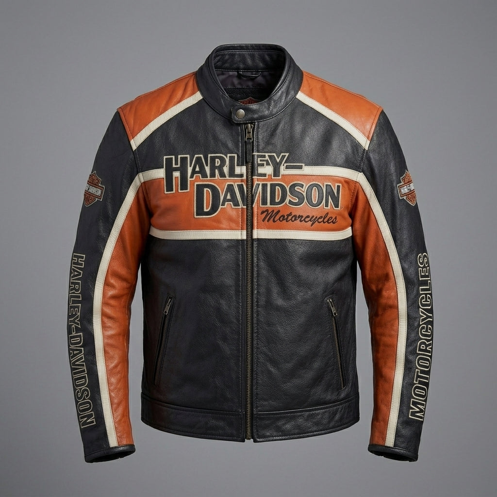 Herren Harley-Stil Leder-Racing-Jacke – Ikonische orange-schwarze Trikolor-Moto