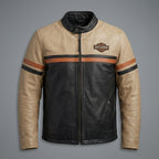 Men’s Harley-Style Leather Moto Jacket – Cream & Black Heritage Edition