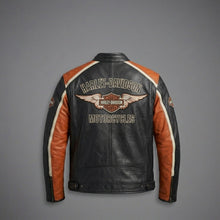 Laden Sie das Bild in den Galerie-Viewer, Herren Harley-Stil Leder-Racing-Jacke – Ikonische orange-schwarze Trikolor-Moto
