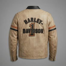 Load image into Gallery viewer, Men’s Harley-Style Leather Moto Jacket – Cream &amp; Black Heritage Edition
