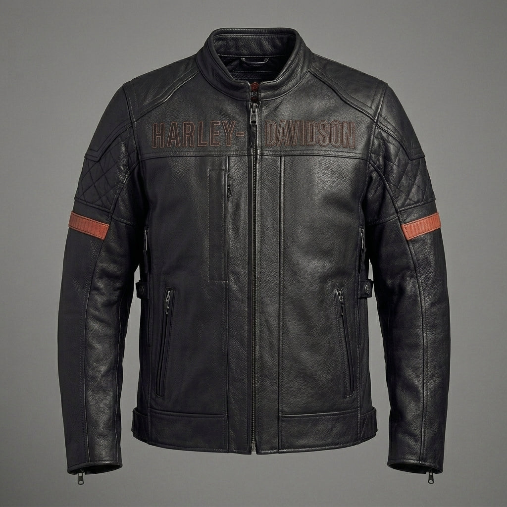 Herren Motorradjacke aus schwarzem Leder im Harley-Stil – Steppdetail an den Schultern