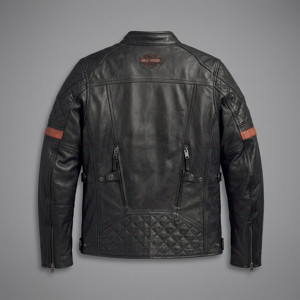 Herren Motorradjacke aus schwarzem Leder im Harley-Stil – Steppdetail an den Schultern