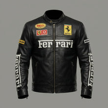 Load image into Gallery viewer, Men’s Leather Racing Jacket – Embroidered Chest Script Edition

