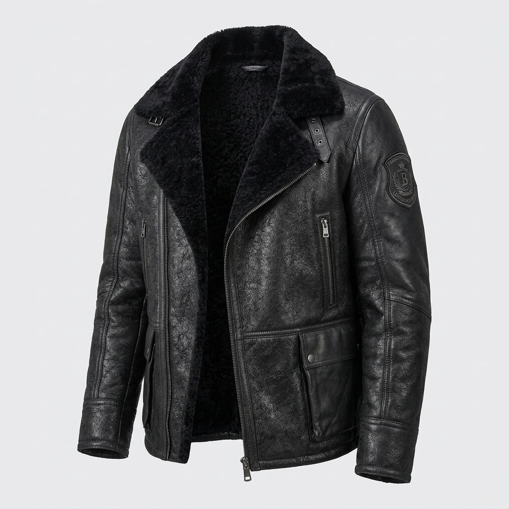 Men’s Black B3 Shearling Bomber Jacket – Premium Sheepskin Aviator Coat