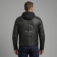 Load image into Gallery viewer, Men’s Hybrid Leather Hoodie Jacket – Harley-Style Hooded Moto Bomber
