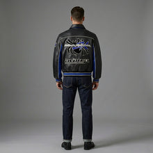 Laden Sie das Bild in den Galerie-Viewer, Herren Varsity-Jacke aus schwarzem und blauem Leder – Premium Urban Bomber Stil
