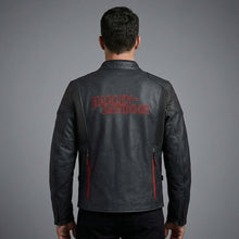 Load image into Gallery viewer, Men’s Matte Black Leather Biker Jacket – Red Stitch Harley Moto Style
