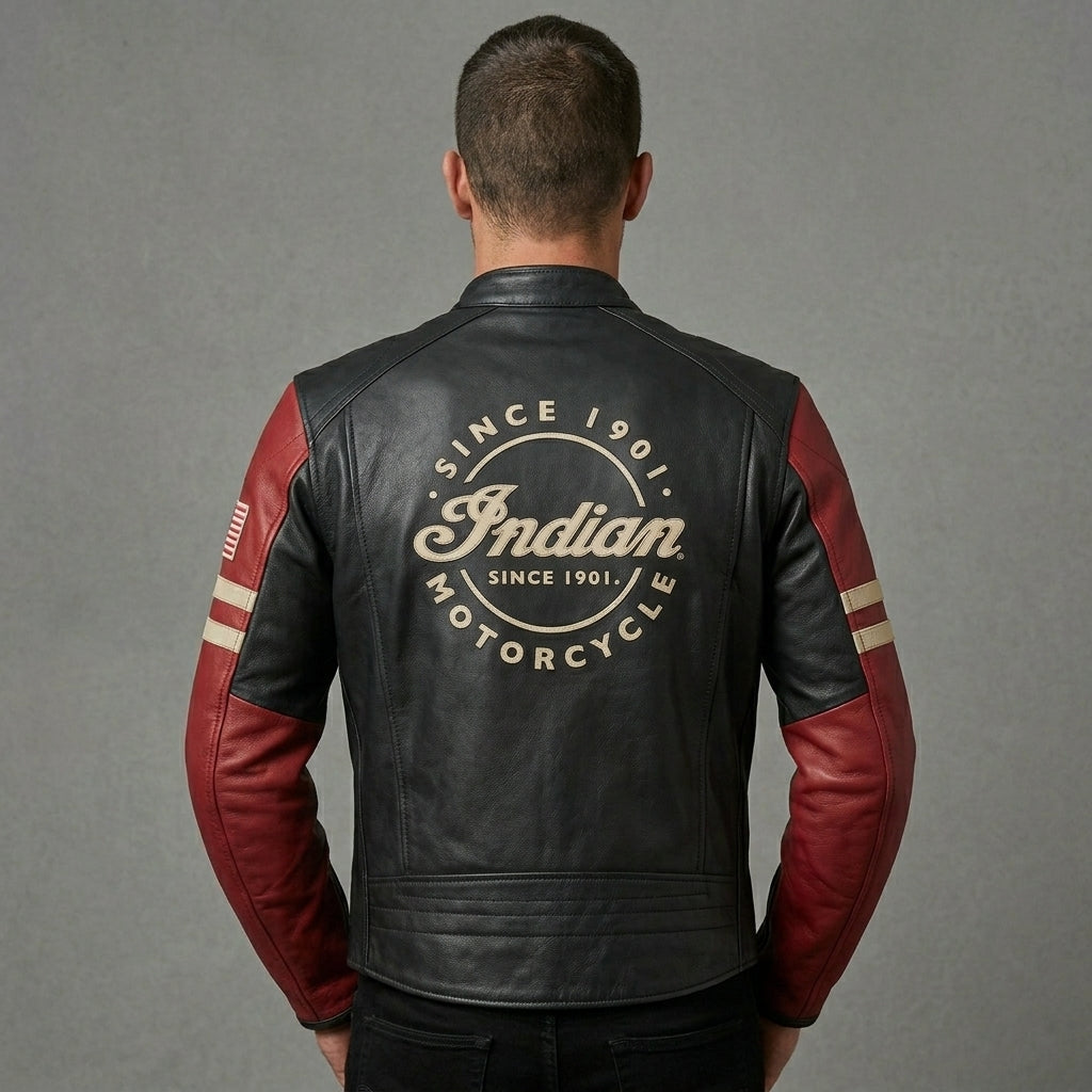 Herren Vintage Leder-Motorradjacke im Indian-Stil – Rot & Schwarz Moto Style