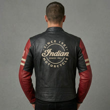 Load image into Gallery viewer, Men’s Vintage Indian-Style Leather Racing Jacket – Red &amp; Black Moto Style
