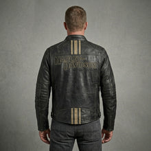 Load image into Gallery viewer, Men’s Harley-Style Leather Biker Jacket – Embroidered Star &amp; Script Design
