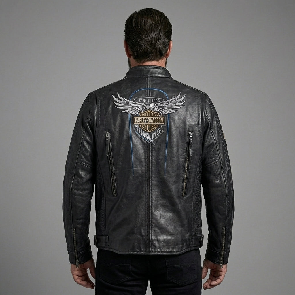 Vintage Harley-Stil Leder-Motorradjacke für Herren – Jubiläumsgrafik-Edition