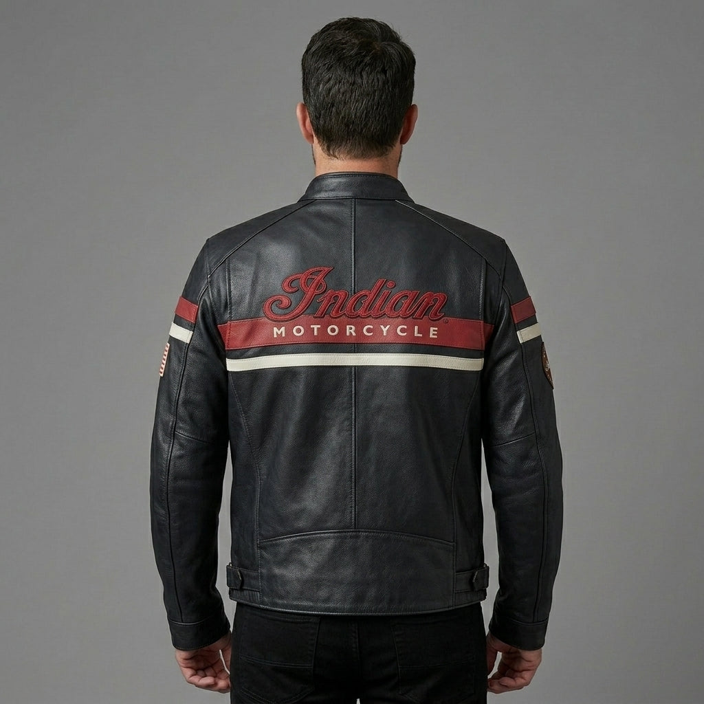 Herren Indian Motorcycle Style Vintage Bikerjacke aus Leder – Besticktes Skript-Logo