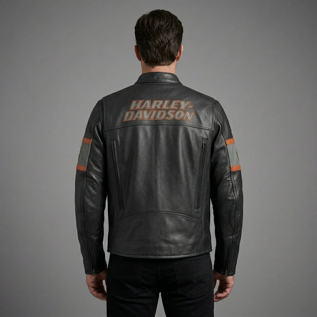 Herren Harley-Davidson Style Motorradjacke aus schwarzem Leder – Orange Script Edition