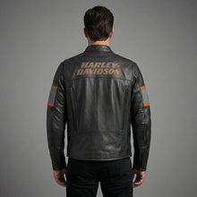 Load image into Gallery viewer, Men’s Harley-Davidson Style Black Leather Moto Jacket – Orange Script Edition
