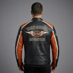 Men’s Harley-Style Leather Racing Jacket – Iconic Orange & Black Tricolor Moto