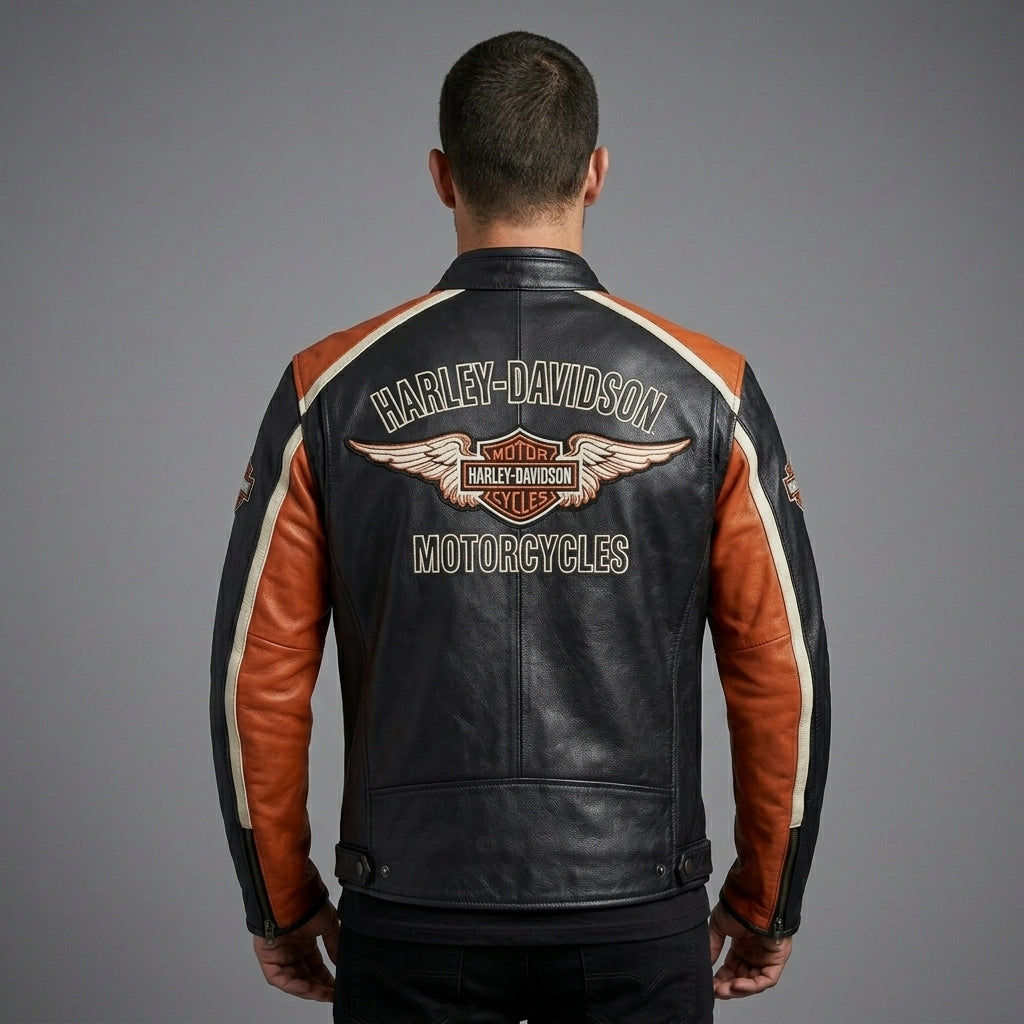 Herren Harley-Stil Leder-Racing-Jacke – Ikonische orange-schwarze Trikolor-Moto