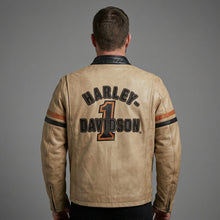 Load image into Gallery viewer, Men’s Harley-Style Leather Moto Jacket – Cream &amp; Black Heritage Edition
