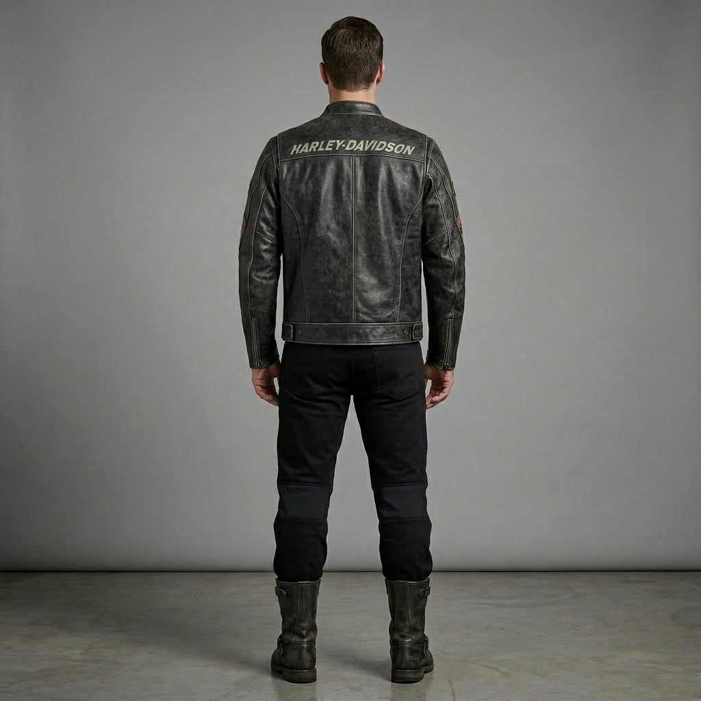 Herren Harley-Style Bikerjacke aus Distressed-Leder – Vintage Anthrazit Moto