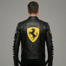 Load image into Gallery viewer, Men’s Leather Racing Jacket – Embroidered Chest Script Edition
